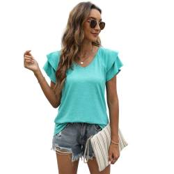 EDOTON Damen Tshirt Kurzarm Bluse V Ausschnitt Casual Sommer Solide Hohle Blase Ärmel Lose Tops Tuniken für Damen (L,A Hellgrün) von EDOTON