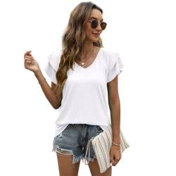 EDOTON Damen Tshirt Kurzarm Bluse V Ausschnitt Casual Sommer Solide Hohle Blase Ärmel Lose Tops Tuniken für Damen (L,A Weiß) von EDOTON