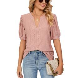 EDOTON Damen Tshirt Kurzarm Bluse V Ausschnitt Casual Sommer Solide Hohle Blase Ärmel Lose Tops Tuniken für Damen (L,Haut Rosa) von EDOTON