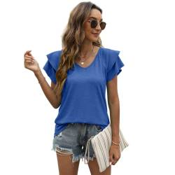 EDOTON Damen Tshirt Kurzarm Bluse V Ausschnitt Casual Sommer Solide Hohle Blase Ärmel Lose Tops Tuniken für Damen (M,A Farbe blau) von EDOTON