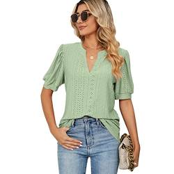 EDOTON Damen Tshirt Kurzarm Bluse V Ausschnitt Casual Sommer Solide Hohle Blase Ärmel Lose Tops Tuniken für Damen (M,Hellgrün) von EDOTON