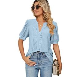 EDOTON Damen Tshirt Kurzarm Bluse V Ausschnitt Casual Sommer Solide Hohle Blase Ärmel Lose Tops Tuniken für Damen (M,Himmelblau) von EDOTON