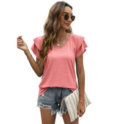 EDOTON Damen Tshirt Kurzarm Bluse V Ausschnitt Casual Sommer Solide Hohle Blase Ärmel Lose Tops Tuniken für Damen (S,A Rosa) von EDOTON