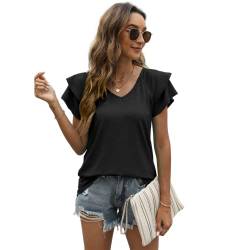 EDOTON Damen Tshirt Kurzarm Bluse V Ausschnitt Casual Sommer Solide Hohle Blase Ärmel Lose Tops Tuniken für Damen (S,A Schwarz) von EDOTON