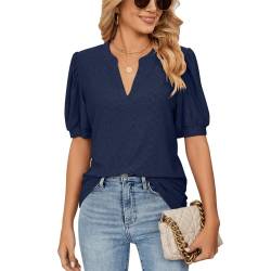 EDOTON Damen Tshirt Kurzarm Bluse V Ausschnitt Casual Sommer Solide Hohle Blase Ärmel Lose Tops Tuniken für Damen (S,Marineblau) von EDOTON