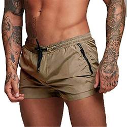 EDOTON Herren Badehose Jungen Bademode Sexy Badeshorts für Männer Schwimmhose mit Reißverschlusstasche Trainingsshorts Elastisch Verstellbar Mit Tunnelzug Badeshorts (EU L/Tag XL, A - Khaki) von EDOTON