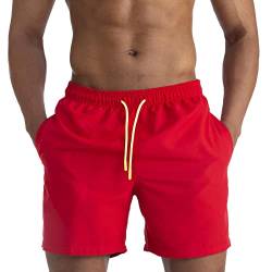 EDOTON Herren Badeshorts, schnelltrocknend wasserdicht Herren Badeshorts mit Taschen Schwimmen/Surfen/Freizeit (S, Rot) von EDOTON