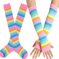 EDOTON Kniestrümpfe Regenbogen Streifen Arm Wärmer Bein Strumpf Bunte Oberschenkel Hohe Socken Fingerlose Handschuhe Hülsen-Set für Frauen Mädchen Party Stützen (Pulver) von EDOTON