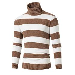 EDSNHG Herbst Strickpullover Herren Rollkragenpullover Mode Gestreift Rollkragenpullover Herren Casual Slim Fit Knit Sweater, Braun-weiße Streifen, Large von EDSNHG