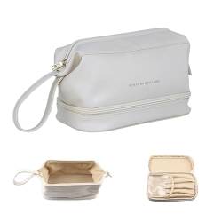 EDWEE Reise-Make-up-Tasche, doppellagige Make-up-Tasche, große Kapazität, Kosmetiktasche, Reisetasche, Leder-Kulturbeutel, Leder-Make-up-Tasche für Damen und Mädchen, Weiss/opulenter Garten, von EDWEE