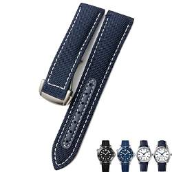 EEOMOiK 19 mm 20 mm gewebtes Nylon-Uhrenarmband schwarz blau Faltschließe Leder Uhrenarmbänder für Omega AT150 AQUA TERRA Seamaster Tissot (Farbe: Blau Weiß Silber, Größe: 20 mm) von EEOMOiK