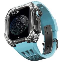 EEOMOiK Edles Titangehäuse und Gummiband, kompatibel mit Apple Watch 45 mm, Lünette aus Titanlegierung und Fluorkautschuk-Armband für iWatch Serie 8 7 45 mm Umrüstsatz (Farbe: Blau 3, Größe: 45 mm) von EEOMOiK