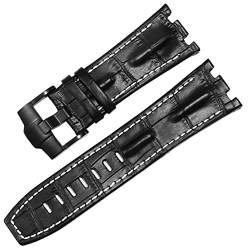 EEOMOiK Uhrenarmband aus echtem Leder für AP 15703 Royal Oak Offshore Serie 28 mm Krokodil-Armbänder (Farbe: Schwarz, Weiß, Schwarz, Größe: 28 mm) von EEOMOiK