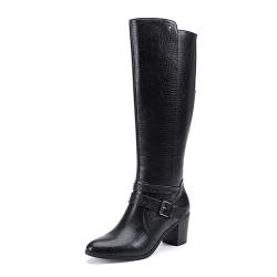 EETTARO Damen-Stiefel, mittelhoch, mit Blockabsatz, dehnbar, Riemen, Reißverschluss, Winterschuhe, Schwarz / Schlange, 42 EU von EETTARO