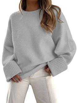 EFAN Damen Rundhalsausschnitt Langarm Oversized Fuzzy Knit Chunky Warm Pullover Sweater Top, Hellgrau, Groß von EFAN
