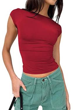 EFAN Damen Sexy rückenfreie T-Shirts Kurzarm Slim Fit Crop Tee Rundhalsausschnitt Sommer Casual y2k Tops Kleidung, Rot/Ausflug, einfarbig (Getaway Solids), Mittel von EFAN