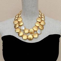 EFDSVUHE 2 Stränge vergoldete, gebürstete Münzperlen-Halskette mit kultivierten weißen Münzperlen, 18 Zoll, Hyperbole-Stil for Frauen (Color : Oro) von EFDSVUHE