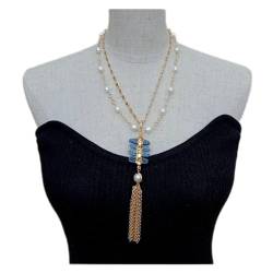 EFDSVUHE 2-reihige weiße Süßwasserperle, vergoldete Halskette, blauer Kyanit-Quasten-Anhänger, 18-Zoll-Pullover-Halskette for Frauen von EFDSVUHE