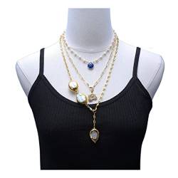 EFDSVUHE Jewelry White Keshi Pearl Blue Lapis Paved Flower Charm Chain Statement Halskette 17-26inch for Frauen erfüllen von EFDSVUHE