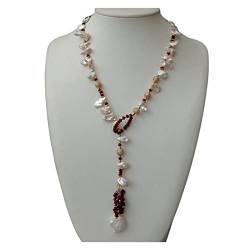 EFDSVUHE Ketten für Damen 25 Zoll kultivierte oben gebohrte weiße Keshi-Perlen-rote Steinschleifen-Pullover-Ketten-Halskette Vintage-Stil for Frauen-Party-Geschenk von EFDSVUHE