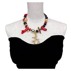 EFDSVUHE Kultivierte schwarze Biwa-Perlen-rote Korallen-Halsketten-Mode-Frauen-Halsketten-Geschenke von EFDSVUHE