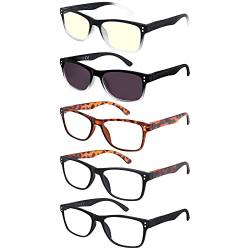 EFE Lesebrille Schwarz Leser Designer 5er-Pack Männer Frauen Stil Herren Frauen Federscharniere Enthalten Sonne Lesebrille Set Rechteck Leicht Bequem von EFE