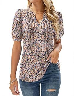 EFFAN Bluse Damen Tunika Sommer Longshirt Kurzarm Blusen Longbluse Lässig Blusenshirt Sommerbluse Longtunika Blusentops Blumen-Rosa XL von EFFAN