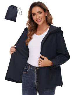 EFFAN Regenjacke Damen Sommer Outdoorjacke Wasserdicht Atmungsaktiv Regenmantel Wanderjacke Leichte Funktionsjacke Gefüttert Sportjacke Navy Blau XL von EFFAN