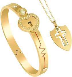 EFLAL Set aus Schloss-Armband und Schlüssel-Halskette, Schmuck aus Schloss-Armband und Schlüssel-Halskette für Paare, Projektions-Schloss-Armband und Schild-Schlüssel-Halskette für Paare (Gold) von EFLAL