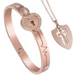 EFLAL Set aus Schloss-Armband und Schlüssel-Halskette, Schmuck aus Schloss-Armband und Schlüssel-Halskette für Paare, Projektions-Schloss-Armband und Schild-Schlüssel-Halskette für Paare (Rose Gold) von EFLAL