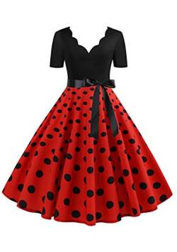 EFOFEI Damen 50er Cap Ärmel Swing Kleid Dot Einfarbig Rockabilly Kleid Weihnachten Kleid Kurzarm rot L von EFOFEI