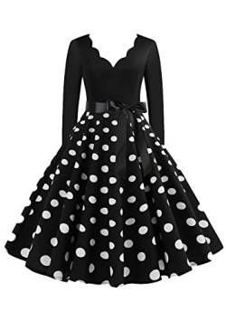 EFOFEI Damen 50er Jahre Kleid Vintage Hepburn Cocktailkleid Lange Ärmel Ballkleid Weihnachten Druck Partykleid Schwarz M von EFOFEI