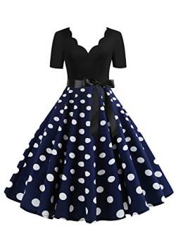 EFOFEI Damen 50er Jahre Kleider Dot Einfarbig Rockabilly Kleid Lange Ärmel Ballkleid Hepburn Cocktailkleid Blau L von EFOFEI