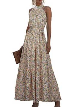 EFOFEI Damen Ärmelloses Langes Sommerkleid Party Boho Böhmisches Kleid Langes Sonnenkleid Mit Gürtel Partykleid Cocktailkleid Strandkleid Blume Blau Rosa L von EFOFEI