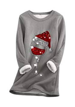 EFOFEI Damen All Match Plüsch Pullover Top mit Weinglasmuster Kleidung für die Weihnachtsfeier Dunkelgrau XL von EFOFEI
