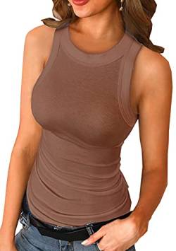 EFOFEI Damen Basic Kurzarm Blusentop Vest Sexy Crop Top Baumwolle Trägertop Einfarbig Weste Top Braun S von EFOFEI