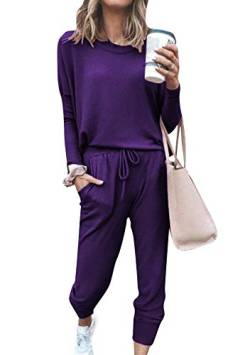 EFOFEI Damen Basic Zweiteiliger Schlafanzug Lang Pyjama Set Baumwolle Pyjama mit Gummibandhose Violett S von EFOFEI