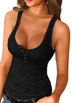 EFOFEI Damen Baumwolle Trägertop Einfarbig Sport Bluse Leibchen Rundhals Weste T Shirt Bluse Einfarbig Weste Top Schwarz L von EFOFEI