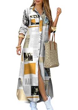EFOFEI Damen Bedrucktes Hemdkleid mit Revers Langes Kleid mit Lange Ärmel aufrollen Maxikleid mit Chiffon Print Zeitung XL von EFOFEI