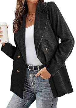 EFOFEI Damen Blazer mit Umlegekragen Mittellange Anzugjacke Leichte Oversize Hemd Cordjacke Kurze Einfabrig Shacket Casual Cord Blazer Schwarz S von EFOFEI