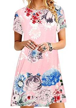 EFOFEI Damen Blumen Minikleid Tunika Kleid Kurzarm Kleid Sommer Freizeitkleid Pink L von EFOFEI