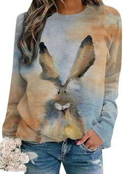 EFOFEI Damen Bunny Graphic Loose Fit Pullover Cartoon Bunny Patterned Sweater Langarm Rundhalsausschnitt Top Sweatshirt Blau Orange L von EFOFEI