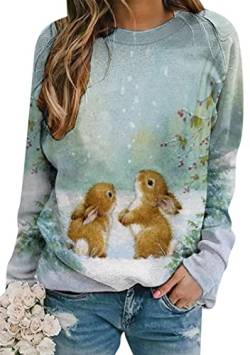 EFOFEI Damen Bunny Graphic Loose Fit Pullover Casual Long Sleeve Jumpers Bunny Printed Long Sleeve Pullover Hellblau S von EFOFEI