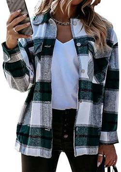 EFOFEI Damen Button Down Shirt Hemd Bluse Retro Karo Basic Jacke Frühling Oversized Hemdbluse Boyfreind Herbst Oberteile Top Grün XXS von EFOFEI