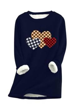 EFOFEI Damen Casual Cat Pattern Sweater Plus Fleece Warmes Sweatshirt Baumwolle Plüsch Thermo-Pullover Schlichtes Solides Sweatshirt Marineblau 3XL von EFOFEI
