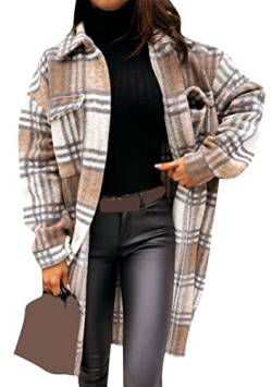 EFOFEI Damen Casual Karo Bluse Lose Winter Warme Jacke Langer Karierter Mantel Langarmbluse Holzfäller Trenchcoat Grau Braun M von EFOFEI