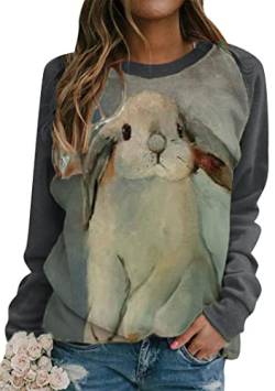 EFOFEI Damen Casual Long Sleeve Jumpers Tie-dye Sweater Colored Pullover Cute Rabbit T-Shirt Tops Grau Weiß XL von EFOFEI