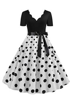 EFOFEI Damen Cocktail Partykleid Polka Dot Weihnachten Kleider Kurzarm A-Linie Swing Kleid Dress Weiß 3XL von EFOFEI