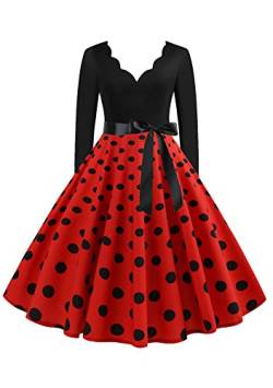 EFOFEI Damen Dot Einfarbig Rockabilly Kleid Weihnachten Kleid Langarm Petticoat Kleid Lange Ärmel Ballkleid rot XL von EFOFEI