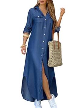 EFOFEI Damen Drucken LongÄrmel Kleid mit Reverskragen Kettendruck Lässiges Hemdkleid Jeanskleid mit Aufrollbaren Ärmeln Denim Blue L von EFOFEI